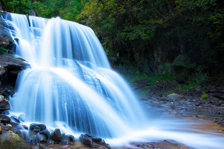 Waterfall. Majestic waterfall. Panoramic beautiful deep forest waterfall. Fantasy landscape with waterfalls, panorama. Waterfall in the forestの写真素材