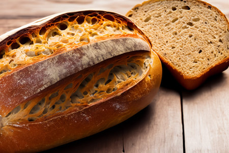Bread. Close up of rustic bread loaf on wooden table. Baker or chef holding fresh made bread....