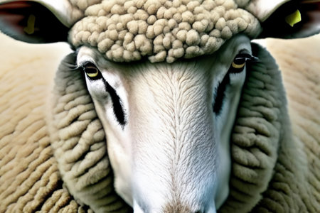 Sheep. Isolated dike sheep is looking at you from its meadow on farm background. Sheep and lambs. Isolated lamb with grazing sheep in background.の写真素材
