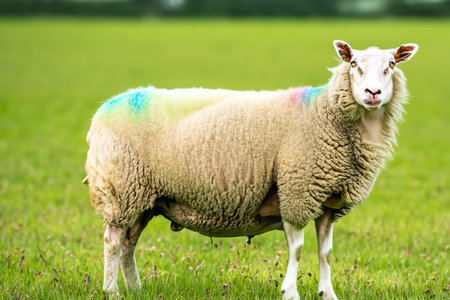 Sheep. Isolated dike sheep is looking at you from its meadow on farm background. Sheep and lambs. Isolated lamb with grazing sheep in background.の写真素材