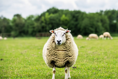 Sheep. Isolated dike sheep is looking at you from its meadow on farm background. Sheep and lambs. Isolated lamb with grazing sheep in background.の写真素材