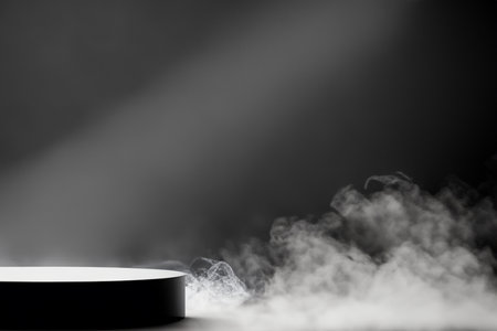 Podium black dark smoke background product platform abstract stage texture fog spotlight. Dark black floor podium dramatic empty night room table concrete wall scene place displayの写真素材