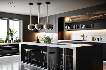 Kitchen. Kitchen island in modern luxurious kitchen interior. Contemporary kitchen with white furniture, wood accents, and marble surfaces. Modern new light.の写真素材