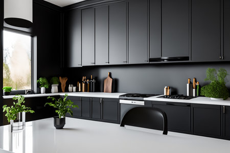 Kitchen. Kitchen island in modern luxurious kitchen interior. Contemporary kitchen with white furniture, wood accents, and marble surfaces. Modern new light.の写真素材