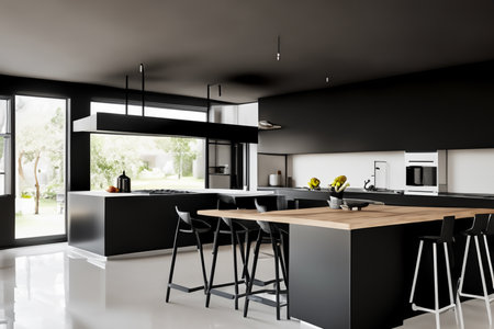 Kitchen. Kitchen island in modern luxurious kitchen interior. Contemporary kitchen with white furniture, wood accents, and marble surfaces. Modern new light.の写真素材