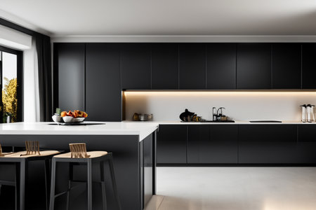 Kitchen. Kitchen island in modern luxurious kitchen interior. Contemporary kitchen with white furniture, wood accents, and marble surfaces. Modern new light.の写真素材