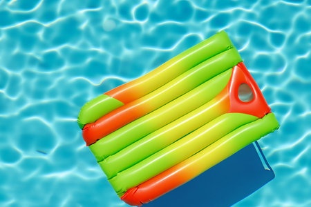 Swimming pool. Inflatable floating in swimming pool on sunny day. Top view. With space for text....