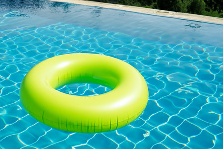 Swimming pool. Inflatable floating in swimming pool on sunny day. Top view. With space for text. Summer color concept. Summer and heat concept.の写真素材
