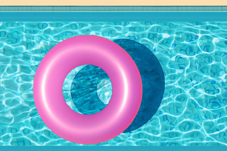 Swimming pool. Inflatable floating in swimming pool on sunny day. Top view. With space for text....