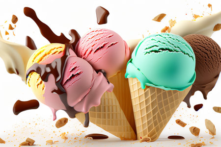 Ice cream. Ice scream. Delicious ice cream explosion. White background. Cut out. Strawberry,...
