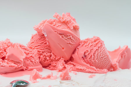 Ice cream. Ice scream. Delicious ice cream explosion. White background. Cut out. Strawberry, vanilla, chocolate ice cream with waffle cone on marble stone backgrounds.の写真素材