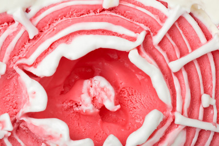 Ice cream. Ice scream. Delicious ice cream explosion. White background. Cut out. Strawberry, vanilla, chocolate ice cream with waffle cone on marble stone backgrounds.の写真素材