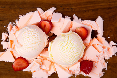 Ice cream. Ice scream. Delicious ice cream explosion. White background. Cut out. Strawberry, vanilla, chocolate ice cream with waffle cone on marble stone backgrounds.の写真素材