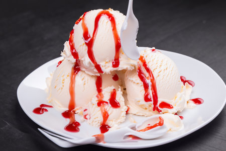 Ice cream. Ice scream. Delicious ice cream explosion. White background. Cut out. Strawberry, vanilla, chocolate ice cream with waffle cone on marble stone backgrounds.の写真素材