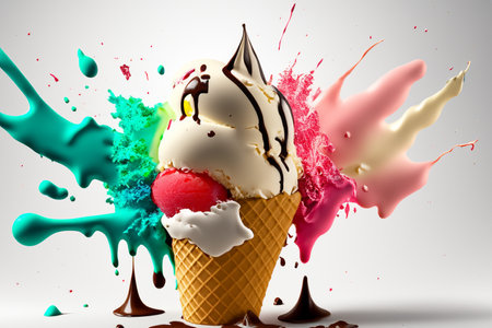 Ice cream. Ice scream. Delicious ice cream explosion. White background. Cut out. Strawberry, vanilla, chocolate ice cream with waffle cone on marble stone backgrounds.の写真素材
