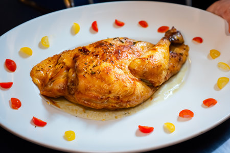 Chicken. Presentation of a chicken made on a plate. Delicious fried grilled chicken with a golden crust in the oven, home cooking.の写真素材