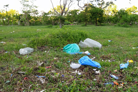 Rubbish. Liter. Garbage in nature. Group of eco volunteers picking up plastic trash in park. Activists collecting garbage, protecting the planet, avoiding pollution and saving the environmentの写真素材
