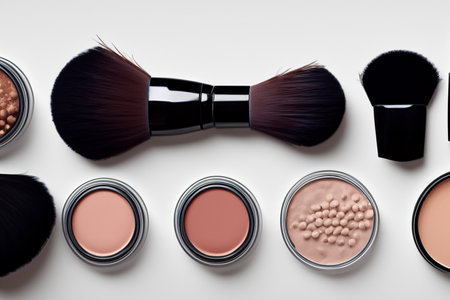 Makeup. Abstract flat lay background with professional make-up products. Beauty industry accessories. Various makeup products are shown in a circle.の写真素材