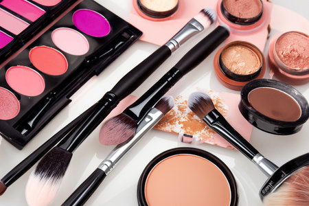Makeup. Abstract flat lay background with professional make-up products. Beauty industry accessories. Various makeup products are shown in a circle.の写真素材