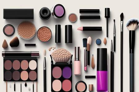 Makeup. Abstract flat lay background with professional make-up products. Beauty industry accessories. Various makeup products are shown in a circle.の写真素材