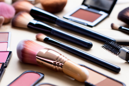 Makeup. Abstract flat lay background with professional make-up products. Beauty industry accessories. Various makeup products are shown in a circle.の写真素材