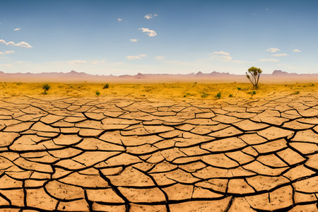 Drought. Desert landscape with cracked soil. Global ecology concept. Drought. Desert landscape with cracked soil. Global ecology concept. Dry cracked earth background.の写真素材