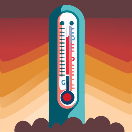 Thermometer. Background heat concept. A thermometer that goes off the charts in a scorching summer. Celsius and fahrenheit meteorology thermometers.のイラスト素材