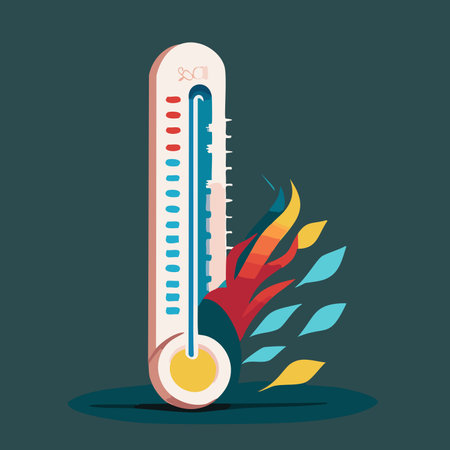 Thermometer. Background heat concept. A thermometer that goes off the charts in a scorching summer. Celsius and fahrenheit meteorology thermometers.のイラスト素材