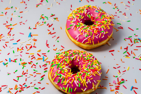 Donut. One glazed donut with sprinkles. Stack of different donuts. World Donut Day. Dessert round donut food glazed sprinkles, bakery pastry, treat sugar dessert round donut food.の写真素材