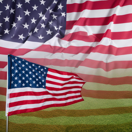 Flag USA. 4July. American flag blowing in the wind with a partly cloudy blue sky. USA flag in Chicago with with skyscrapers on background. Independence day celebration. 4th of julyの写真素材