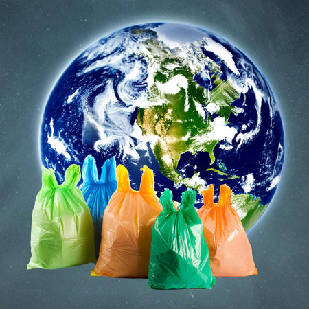 Plastic bags. World plastic bag day. Concept of Earth and plastic. Earth globe inside a plastic bag,...