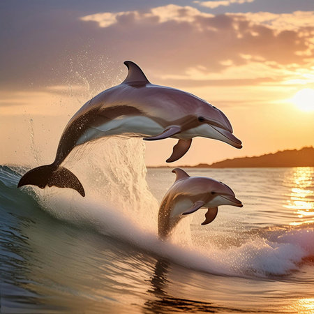 Dolphin. Dolphin under the water of the sea and the ocean. World Dolphin day. 23 July. A Baby Humpback Dolphin Plays. Bottlenose Dolphin, tursiops truncatus, Adult Leaping.の写真素材