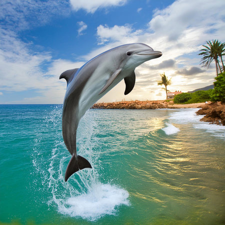 Dolphin. Dolphin under the water of the sea and the ocean. World Dolphin day. 23 July. A Baby Humpback Dolphin Plays. Bottlenose Dolphin, tursiops truncatus, Adult Leaping.の写真素材