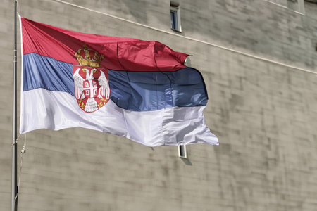 Serbia. Flag of Serbia. Horizontal design. Illustration of the flag of Serbia. Horizontal design. Abstract design. Illustration. Map. Space for text. Waving flag. PNG file.の写真素材