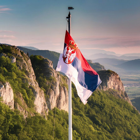 Serbia. Flag of Serbia. Horizontal design. Illustration of the flag of Serbia. Horizontal design. Abstract design. Illustration. Map. Space for text. Waving flag. PNG file.の写真素材