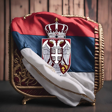 Serbia. Flag of Serbia. Horizontal design. Illustration of the flag of Serbia. Horizontal design. Abstract design. Illustration. Map. Space for text. Waving flag. PNG file.の写真素材