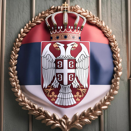 Serbia. Flag of Serbia. Horizontal design. Illustration of the flag of Serbia. Horizontal design. Abstract design. Illustration. Map. Space for text. Waving flag. PNG file.の写真素材