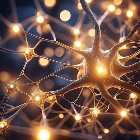 Neurons. Visualization of neurons firing neurotransmitters in the synaptic gap, molecular biology. Activate nerve cells. Neuronal network with electrical activity of neuron cells.の写真素材