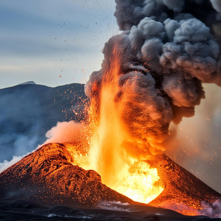 Volcano. Volcanic eruption. Natural disaster. Close up volcano eruption. A small active volcano...