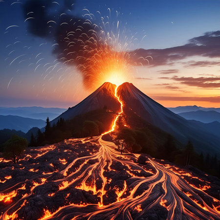 Volcano. Volcanic eruption. Natural disaster. Close up volcano eruption. A small active volcano erupting lava and fire, creating a dark explosion amidst the mountain landscape. Volの写真素材