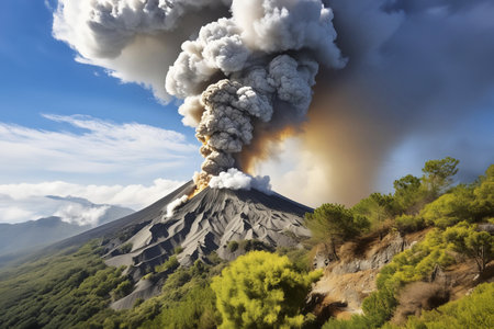 Volcano. Volcanic eruption. Natural disaster. Close up volcano eruption. A small active volcano erupting lava and fire, creating a dark explosion amidst the mountain landscape. Volの写真素材