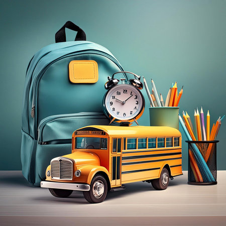Back to school. School. Back to school concept with desk, tables and chairs in a classroom and on...