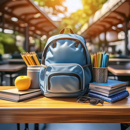 Back to school. School. Back to school concept with desk, tables and chairs in a classroom and on the blackboard written, back to school 2024. Backpack with school supplies on theの写真素材