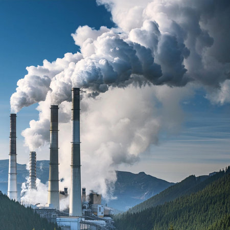 Smoke and pollution. Smoke coming out of chimneys and power plants. Chemical industries releasing...