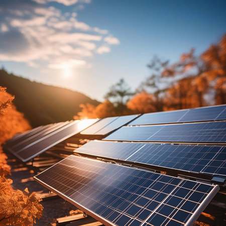 Solar panel. Installation of solar panels. Renewable energy. Green and clean energy. Solar panels on blue sky background. Photovoltaic panels for renewable electric production. Worの写真素材