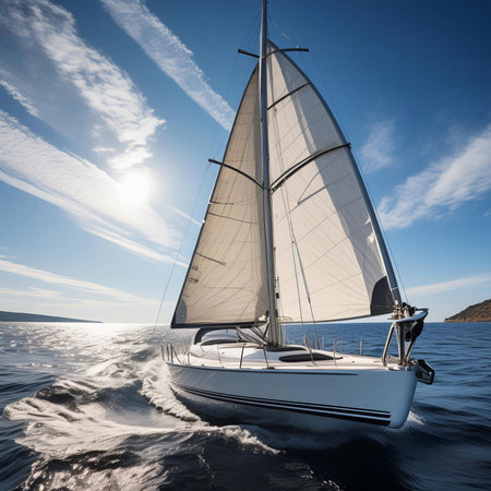 Sailboat. Sailing boat in open sea under the sun. Yacht sailing in an open sea at sunset. Close-up...
