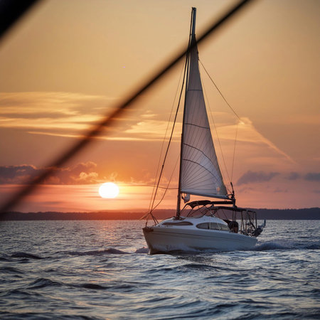 Sailboat. Sailing boat in open sea under the sun. Yacht sailing in an open sea at sunset. Close-up...