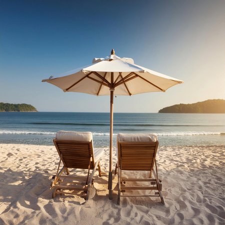 Umbrella. Umbrellas on the beach. Chairs and umbrella on the beach in summer. Summer concept. Blue ocean or sea water on a summer day. Sun protection on a holiday.の写真素材