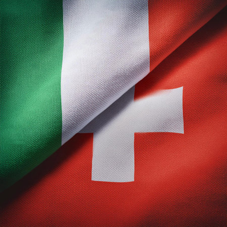 Italy and Switzerland two folded flags together. Can be used as backgroundの写真素材