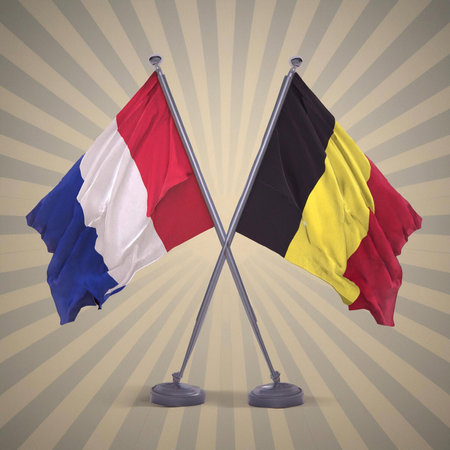Belgium and Belgium table flags isolated on a vintage background.の写真素材